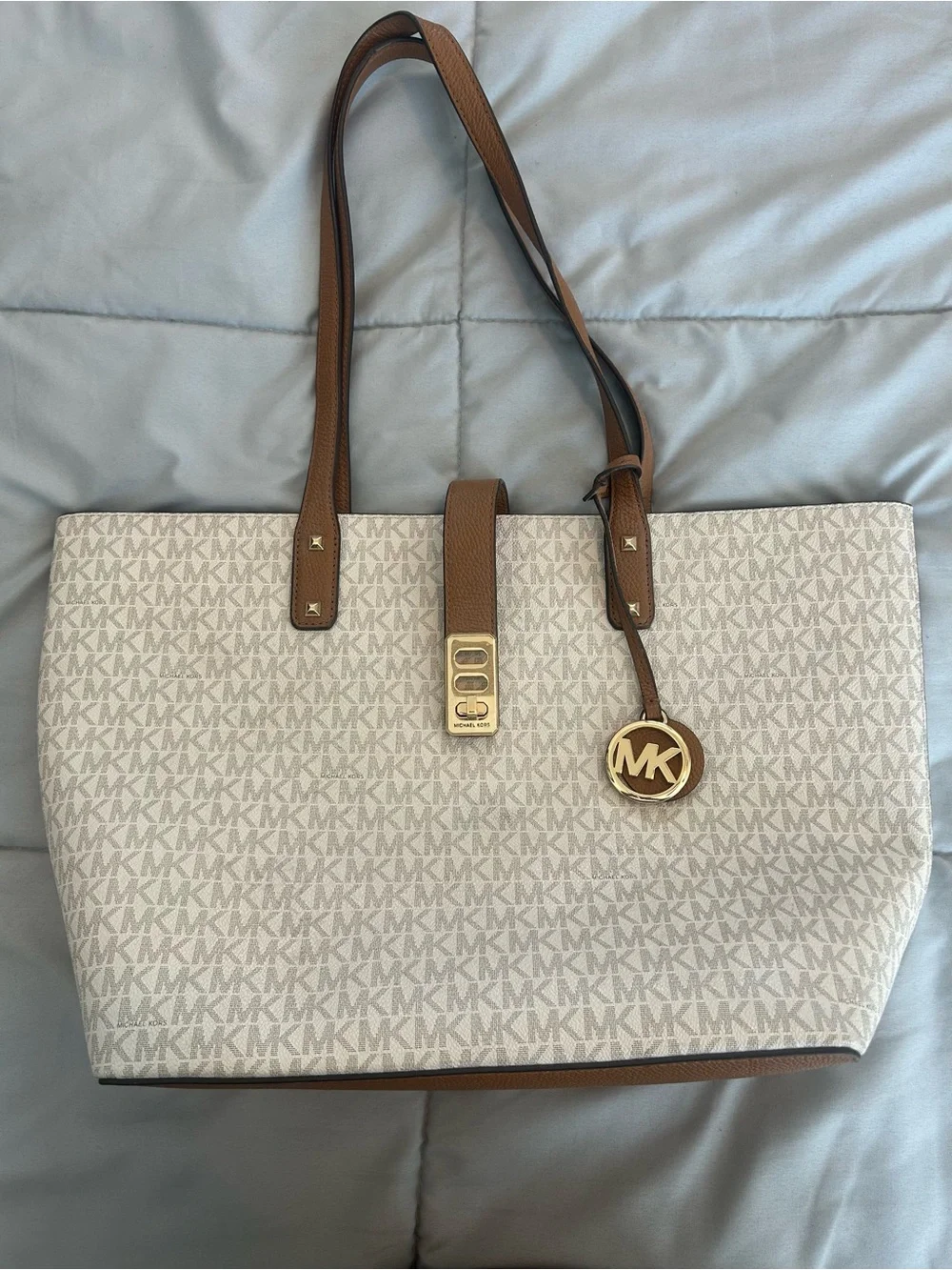 Michael Kors Cream and Brown Signature MK Tote
